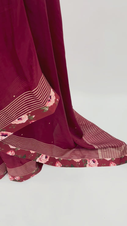 MAROON CREPE SILK SAREE WITH BEADS EMBELLISHMENT WITH FLORAL BLOUSE FABRIC