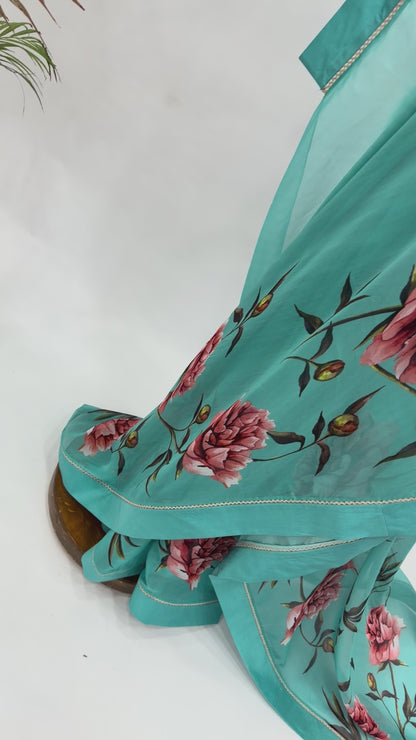 COPPER SULPHATE BLUE PEONIA BORDER ORGANZA SAREE WITH SILK BORDER