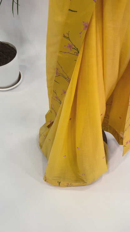 YELLOW BLOOM SILK BORDER CHANDERI SILK MIRROR MOTIFS SAREE