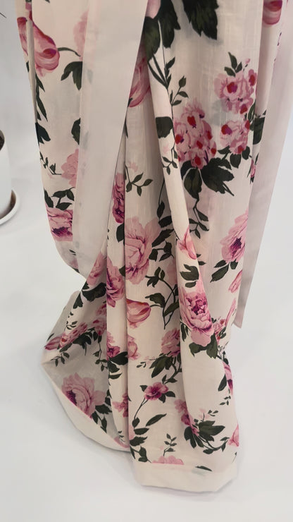 BLUSH PINK FLOWER BUNCH SOFTSILK SAREE WITH SILK BORDER