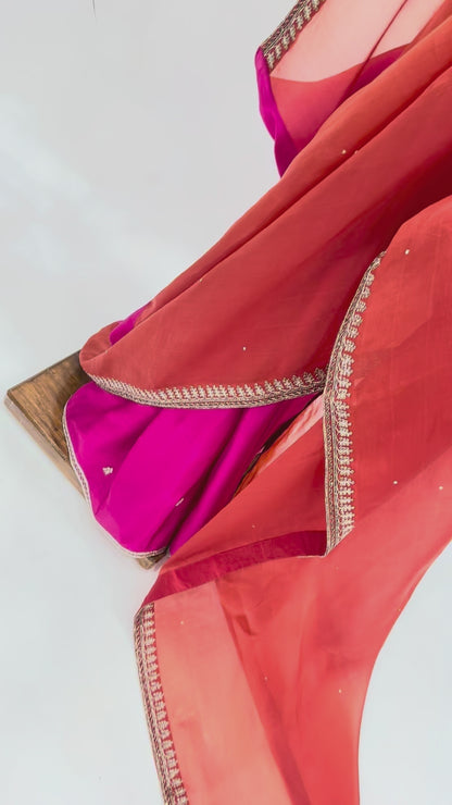 ORANGE HOTPINK ORGANZA SAREE WITH HAND EMBRODIERED BORDER