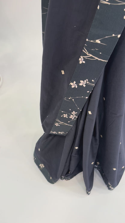 BLACK BLOOM SILK BORDER CHANDERI SILK MIRROR MOTIFS SAREE