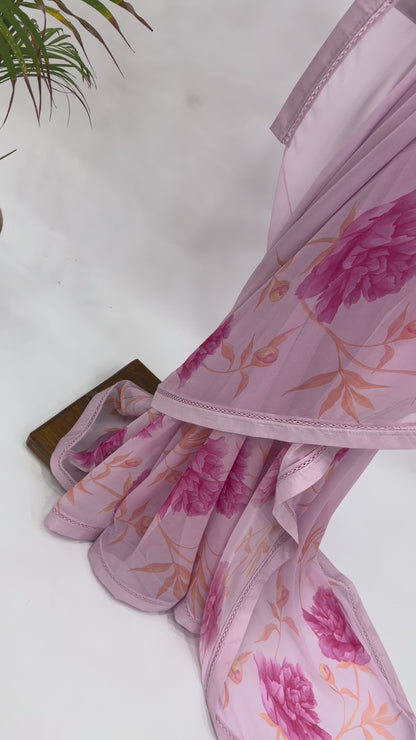 LAVENDER PINK SINGLE PEONIA BORDER GEORGETTE SAREE WITH SILK BORDER